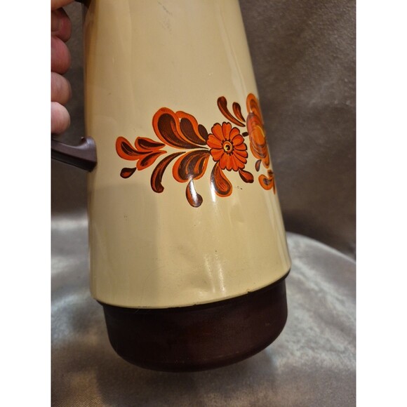Vintage CORNING Thermos Coffee Tea Carafe 1qt GARDEN Orange Brown Floral - Picture 9 of 14
